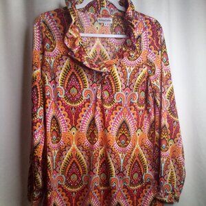 Buckhead Betties Blouse M Women Long Sleeve Ruffle Trim Paisley Colorful